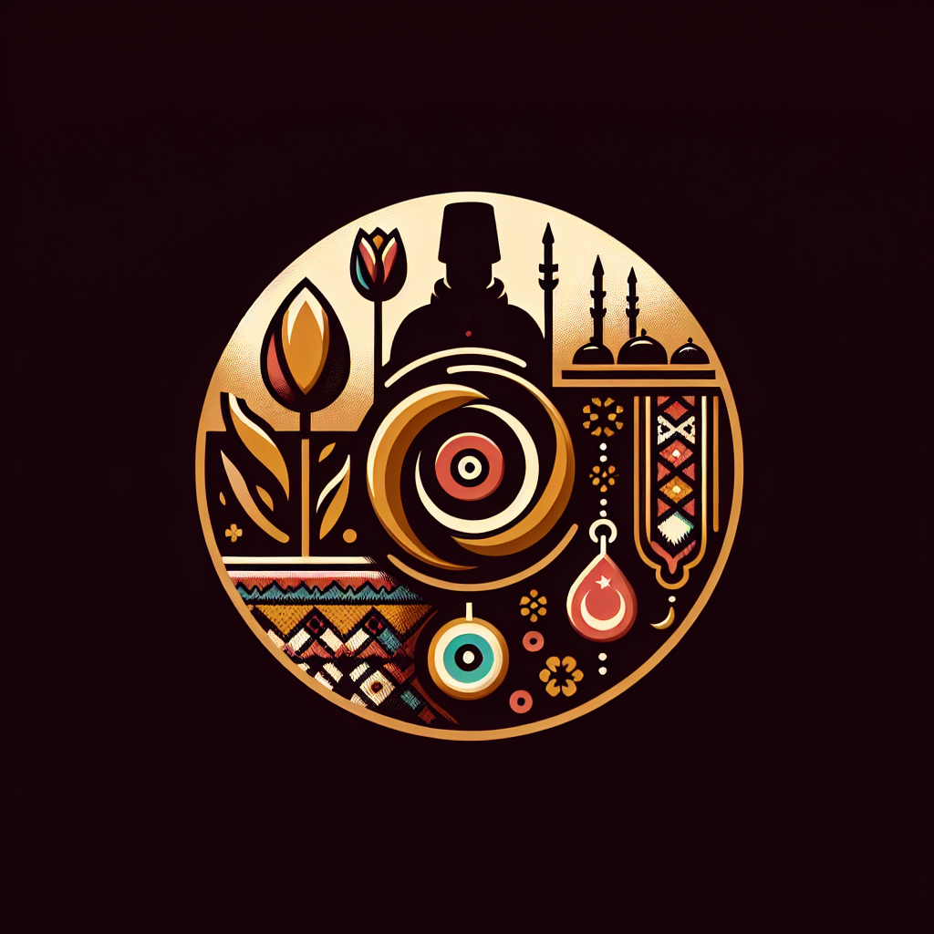 Design a traditional yet elegant logo for “Turkish Traditions”. Include symbols like a tulip, evil eye (nazar boncuğu), kilim pattern, or dervish silhouette. Use a warm color palette (terra cotta, gold, dark red). The style should reflect heritage and authenticity, suitable for a digital cultural encyclopedia.